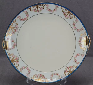 Nippon Hand Painted Pink Roses Gold Bows Blue & Ivory Cake Plate C.1891-1911 - Picture 1 of 10