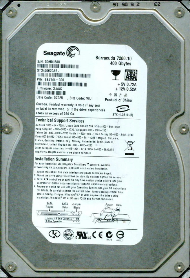 ST3400620AS,  9BJ144-300,  3.AAC,  5QH0,  WU,  SEAGATE SATA 400GB   - Image 1 of 1