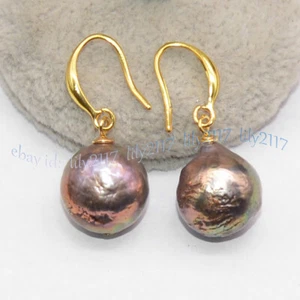 Huge 12-14mm Genuine Natural South Sea Black Baroque Edison Pearl Dangle Earring - Picture 1 of 6