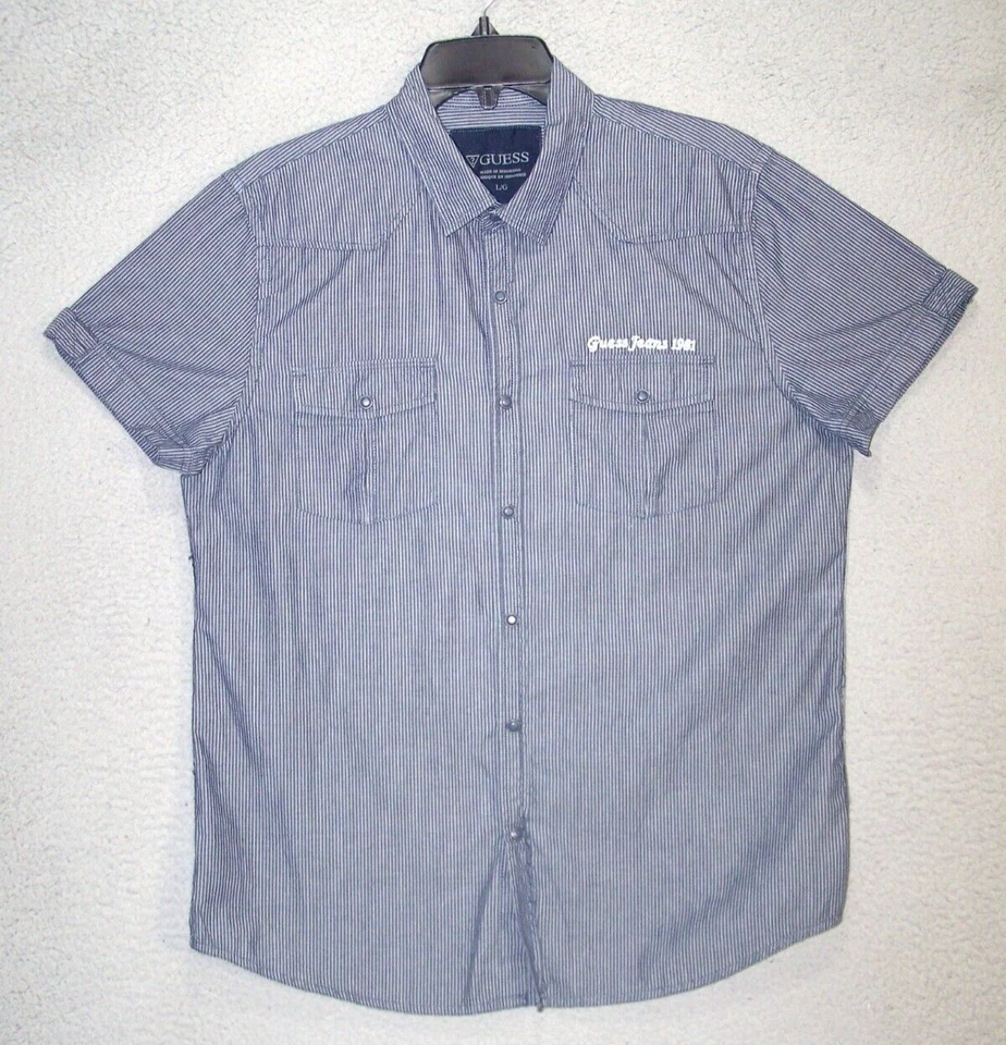 GUESS Shirt Adult Large Gray Logo Snap Button Classic Short Sleeve Pockets Mens - Image 1 of 4