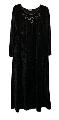Vintage Natori Camisola de Veludo Preto Grunge Gótico Maxi Vestido de Dormir Acabamento Dourado - Imagem 1 de 3