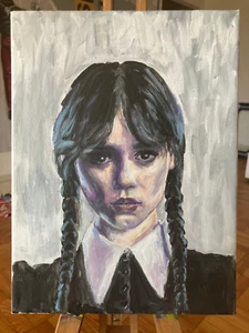 DIPINTO RITRATTO ORIGINALE MERCOLEDÌ ADDAMS JENNA ORTEGA 9x12 POLLICI ACRILICO - Foto 1 di 1