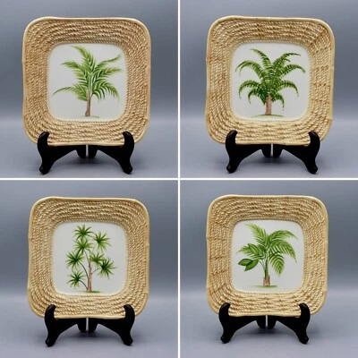 Set of 4 Vietri Italy Bambu 8" Salad Plates Palm Tree Centers Bamboo Border NWT - Image 1 of 4