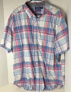 Nautica Men's Short Sleeve Dress Shirt Blue Red White Plaid XXL Brand New - Picture 1 of 4