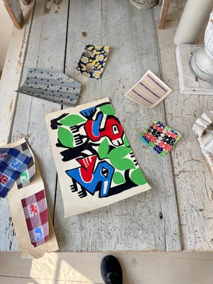 7 Gouache de diseño textil francés con tela a juego aves abstractas de mediados de siglo Foto 1 de 4