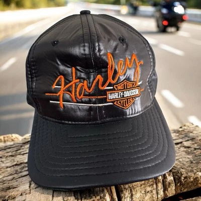 Vintage Harley Davidson Motor Cycles Strapback Hat Cap Nylon Black Universal  - Image 1 of 4