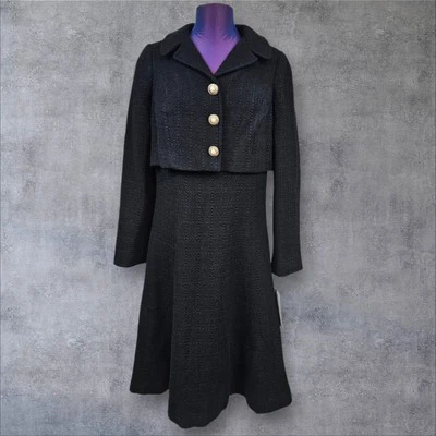 Vestido midi Rickie Freeman para Teri Jon de dos piezas línea A negro tweed talla 10 H3 Foto 1 de 4