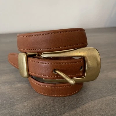 Винтажный ТРЕНЕР британский желтовато-коричневый кожаный ремень маленький женщины длинный латунная пряжка США Y2k - Изображение 1 из 4
