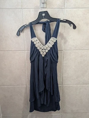 Y2K влажная печать средний темно-синий с бретелью через шею верх с жемчужными стразами крючком отделка богемное - Изображение 1 из 4