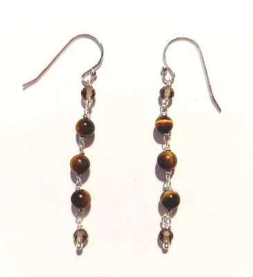 Orecchini pendenti in argento 925 con pietre occhio di tigre e quarzo affumicato - Immagine 1 di 4