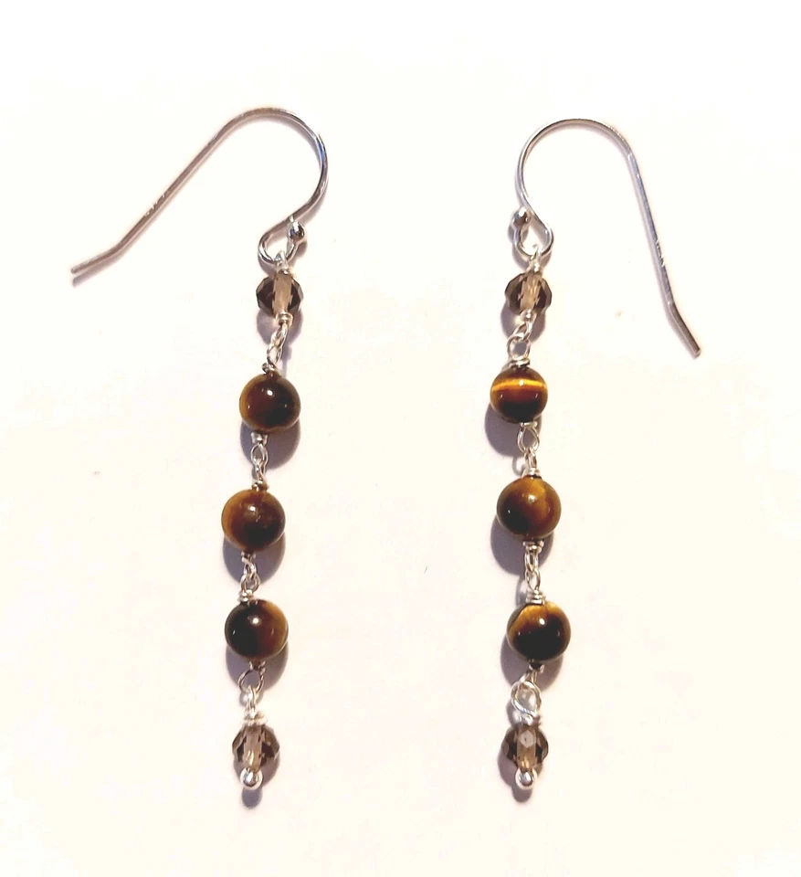 Orecchini pendenti in argento 925 con pietre occhio di tigre e quarzo affumicato - Immagine 1 di 4