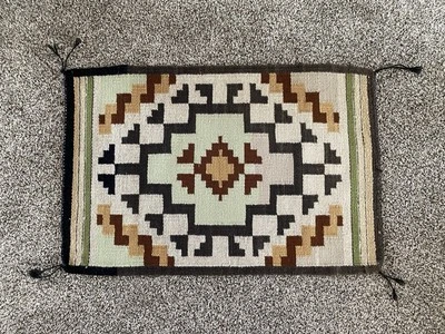 Handwoven Wool Mini Rug / Table Runner Neutral Colors Beige Green Cream Black - Image 1 of 4