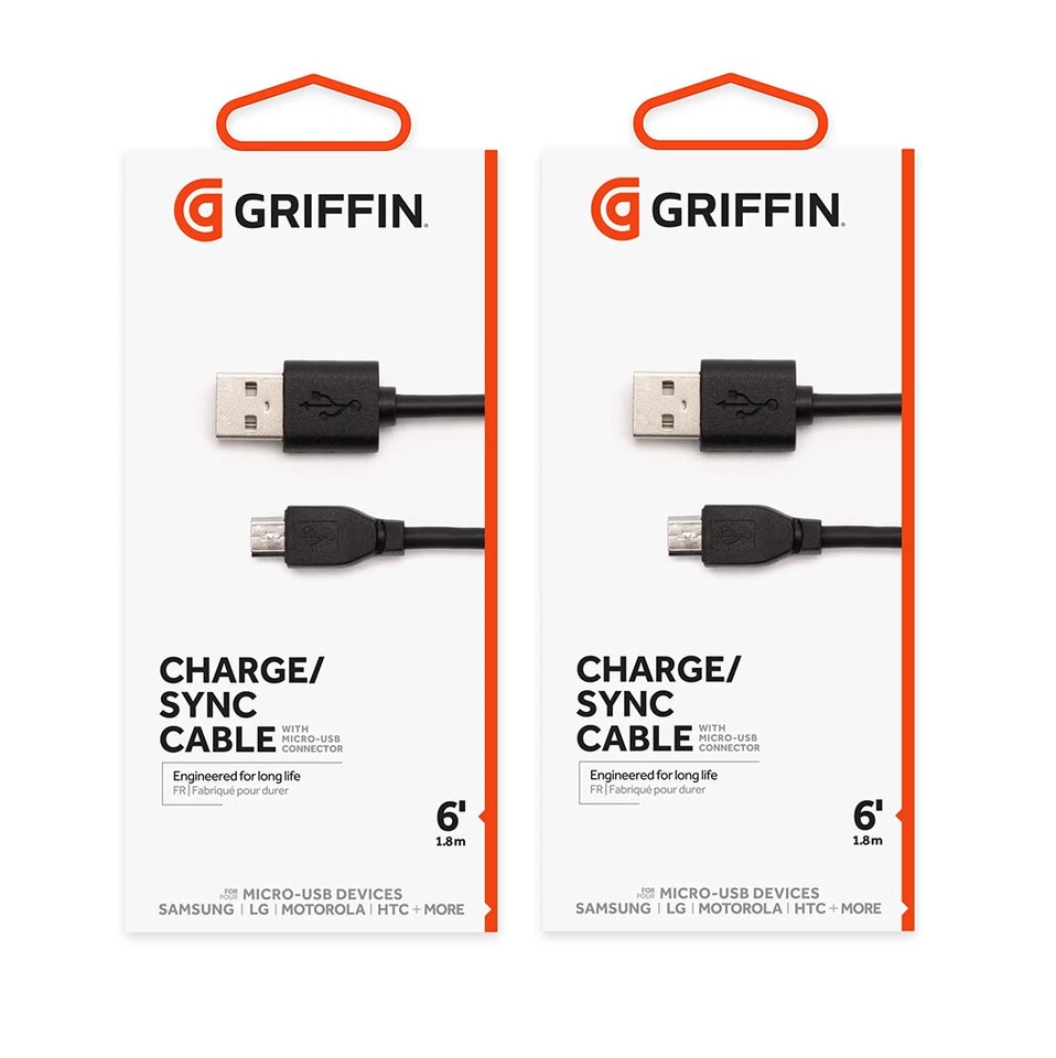 (pacote com 2) cabo de carga e sincronização Griffin para dispositivos micro-USB - Samsung, LG, Moto - Imagem 1 de 1