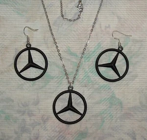 MERCEDES BENZ BLACK STAR LOGO... LADIES HOOP EARRINGS & CHAIN PENDANT. BRAND NEW - Picture 1 of 6