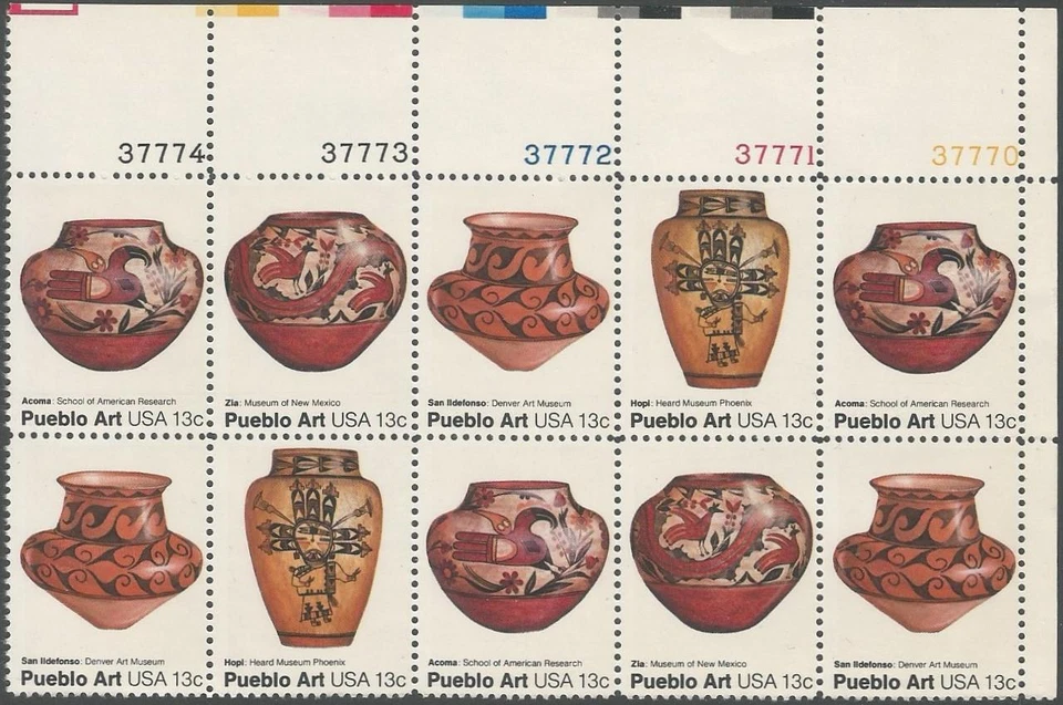 Plate Block of 10 stamps - Scott 1706-1709 - 13 cent - Pueblo Art - 1977 - MNH - Image 1 of 1