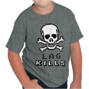 Pixelated Skull Crossbones Lag Kills Joke Youth Crewneck T Shirts Boy or Girl - Picture 1 of 2