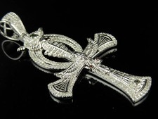 14K White Gold Fn Eye of Horus Eagle Ankh Cross Sim Diamond 2.5" Pendant
