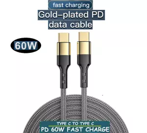 Type C to Type C Cable Fast Charge PD 60W Braided USB 1.2M 2M Samsung Android - Picture 1 of 13