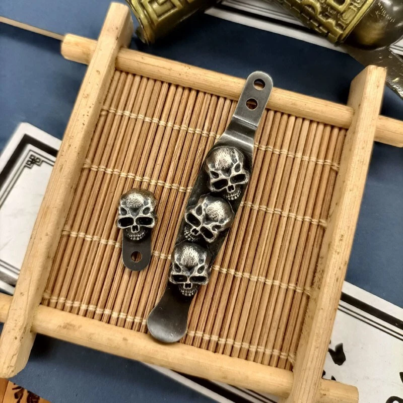 Hand Made Silver Skull Steel Pocket Clip and Filler Tab for Hinderer XM18 3.5' - Image 1 of 4