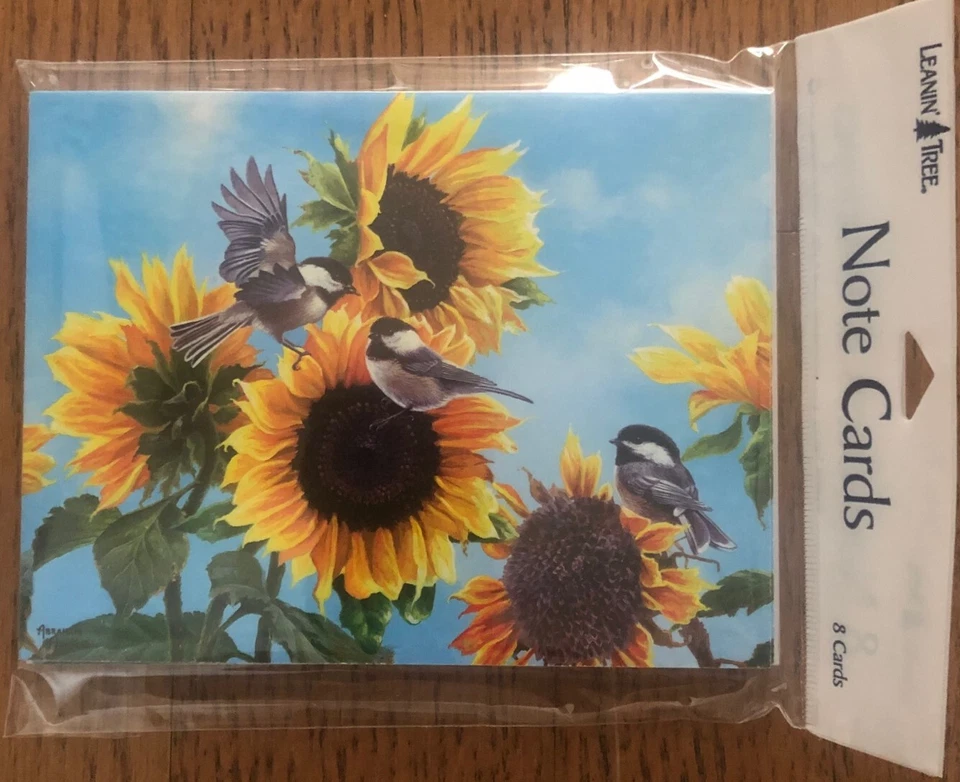 8 Leanin Tree Blank Note Cards BRIGHT Colored SUNFLOWERS & CHICKADEE Birds - Image 1 of 1
