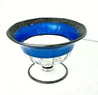 Glass Compote Silver Overlay Candy Bowl Vintage Blue Reverse Painted Pedestal