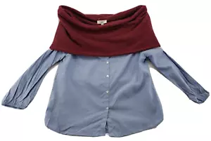 Womens Size L Blue Long Sleeve Button Front Off The Shoulder Top Scarf Shirt NWT - Picture 1 of 8
