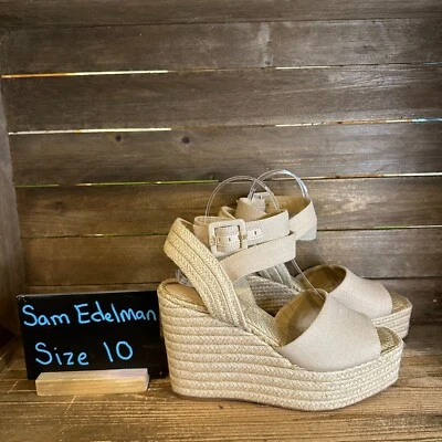 Nuevo en caja Sandalias de tacón de cuña beige tejido Sam Edelman Vada para mujer talla 10 M Foto 1 de 4