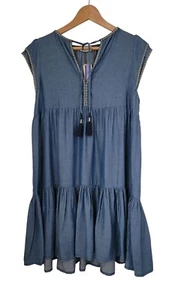 Tommy Bahama Blue Chambray Tiered Flutter Sleeve Tunic Coverup Dress Women's M - Picture 1 of 10