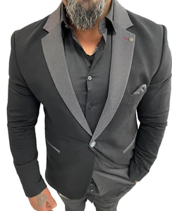 Schwarz Black Designer Sakko Patches Blazer Jeans Kragen Grau Tailliert Slim Fit - Bild 1 von 6