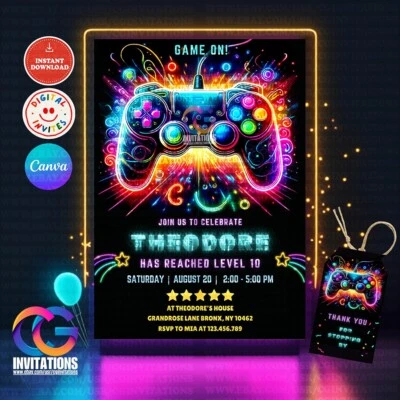 EDITABLE Video Game Party Invitation, Level Up Neon Invite, Gamer Boy invite - Image 1 of 4