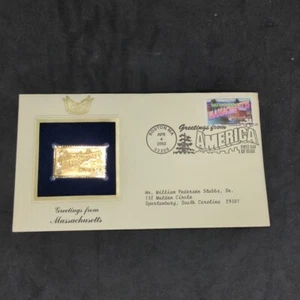 Réplica de sello estatal Massachusetts 2002 Greetings From America oro 22kt FDI FDC - Imagen 1 de 4