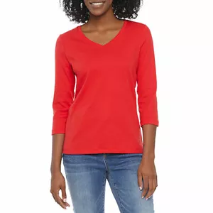 St. John's Bay Misses Size S (4-6) V-Neck 3/4 Sleeve Cotton T-Shirt- Cyber Red - Picture 1 of 6