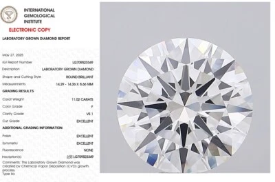 11.02 Round Lab Grown Diamond IGI For Engagement Ring IGI Certified F VS1 - Image 1 of 4