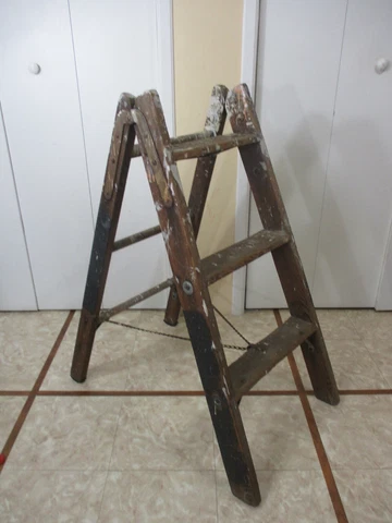 Antique Wooden 3 Step A Frame w/ Chain Ladder Rustic Primitive Farm Plant Stand Cover