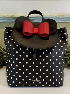 KATE SPADE DISNEY MINNIE MOUSE BACKPACK BLACK WHITE POLKA DOT LEATHER RED BOW - Image 1 of 4