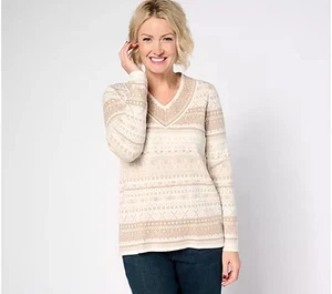 Denim & Co. Fair Isle V-Neck Long Sleeve Sweater Natural,X-Large A676301 - Picture 1 of 1