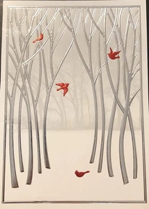 Vintage Weihnachtsgrußkarte schöner Tag im Wald silberne Bäume hübsche Vögel - Bild 1 von 2