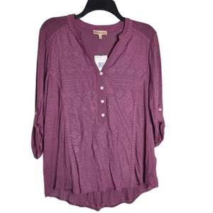 Democracy Top Split Neck Roll Tab 3/4 Sleeve Embroidered Boho Hippie Pink M - Picture 1 of 13