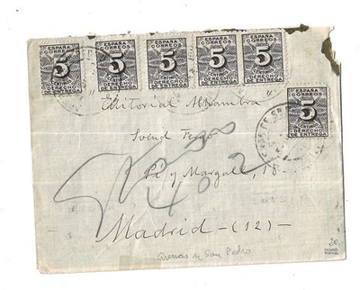 Spain: 1940; Curious cover with 6 stamps, right of delivery, EBES-036 - Image 1 of 2