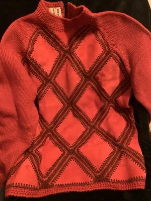 Vintage Women’s  60s 70s Orange Red Sweater S/M Gimbels Italy Wool Suede - Image 1 of 4
