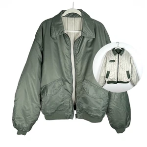 Topshop Womens Jacket XS Bomber Coat Reversible Oversized Green Beige Striped - Picture 1 of 15
