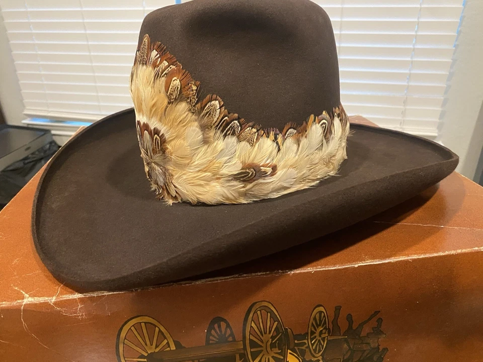 Sombrero Resistol 1979 diligencia marrón chocolate con plumas Foto 1 de 4