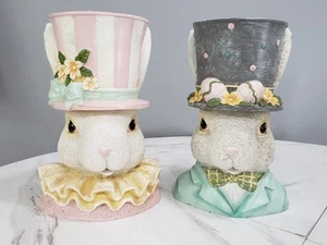 SET Bunny Rabbits Head Planter Easter Spring Figurine Decor Dapper Raz Imports - Picture 1 of 11
