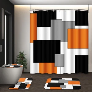 Orange Geometric Shower Curtain Set with Toilet Lid Cover and Non-Slip Rugs f... - Picture 1 of 7