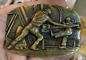 VINTAGE New Old Stock Magicast Oil Drilling Rig Roughneck Brass Belt Buckle - Picture 1 of 2