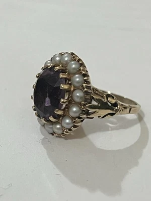 Anillo de oro amarillo de 14 K y perlas de amatista natural  Foto 1 de 3