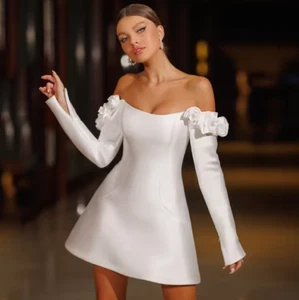 Sexy Long Sleeves Wedding Dress Little White Dresses Flowers Above Knee Length - Picture 1 of 10