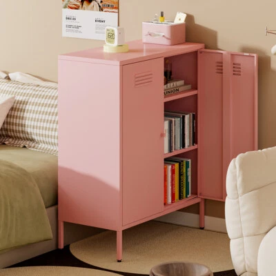Fumedo 2 Door Metal Locker Storage Cabinet 3 Tiers Shelf Pink Metal Cabinet - Image 1 of 4