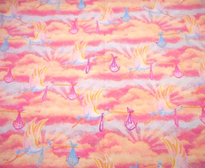 Nursery Fabric 1 1/3 Yard Stork Deliveries Pink Yellow Blue Clouds Baby Cotton C - Image 1 of 3