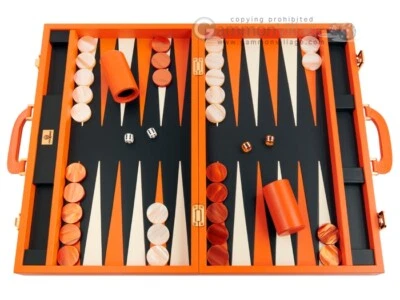 New 20" Zaza & Sacci Medium Leather Backgammon Set – Orange Case w/ Black Field - Image 1 of 4